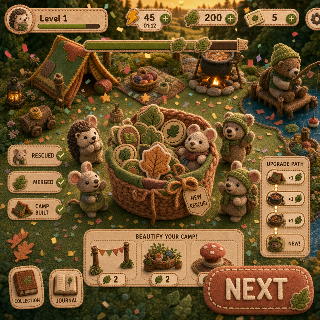 Decorated campsite in Merge Critter Camp